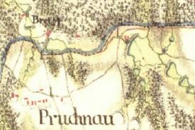 Zdj. 25: Wycinek z mapy I wojskowego mapowania z lat 1764-1768, granica i słupy w Pruchnej
